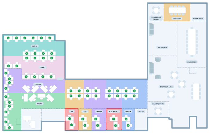 HACK26 office layout showing team tables, IT support, reception, breakout areas, boardroom and shared spaces